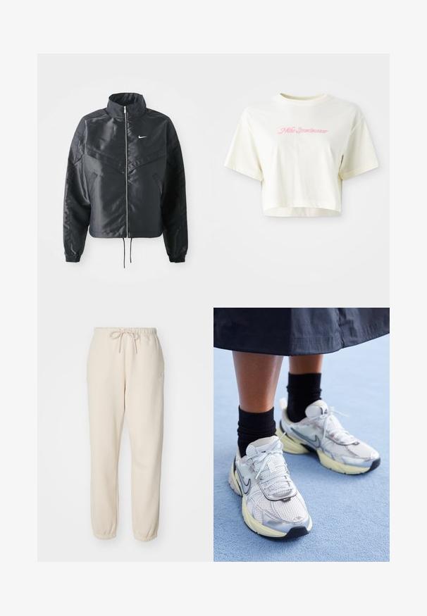 Svart cropped jakke med høy krage, glidelåsåpning, elastiske mansjetter og en hvit Nike-logo. Glatt, shiny stoff med en lett teksturert overflate.; Beskåret kremfarget t-skjorte laget av bomull. Har en rosa brodert logo med teksten "Nike Sportswear." Korte ermer og rund hals.; Beige joggebukser laget av myk stoff, med elastisk liv med snøring, smalere ankler og en liten logo detaljer.; Hvite og sølv Nike-sneakers med mesh-stoff, reflekterende detaljer, og en beige såle. Brukt med svarte sokker, stående på en blå overflate.