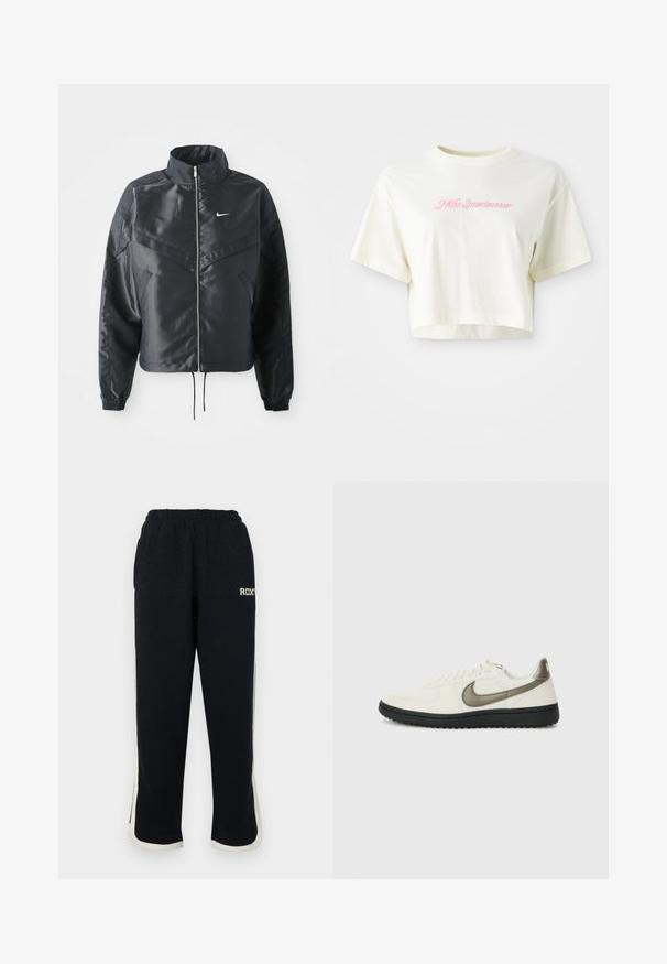 Svart cropped jakke med høy krage, glidelåsåpning, elastiske mansjetter og en hvit Nike-logo. Glatt, shiny stoff med en lett teksturert overflate.; Beskåret kremfarget t-skjorte laget av bomull. Har en rosa brodert logo med teksten "Nike Sportswear." Korte ermer og rund hals.; Svarte joggebukser med elastisk midje, hvite sidestrekker og en liten logo foran. Laget av et mykt, teksturert stoff.; Nike Sportswear FIELD GENERAL - Joggesko - off-white/black