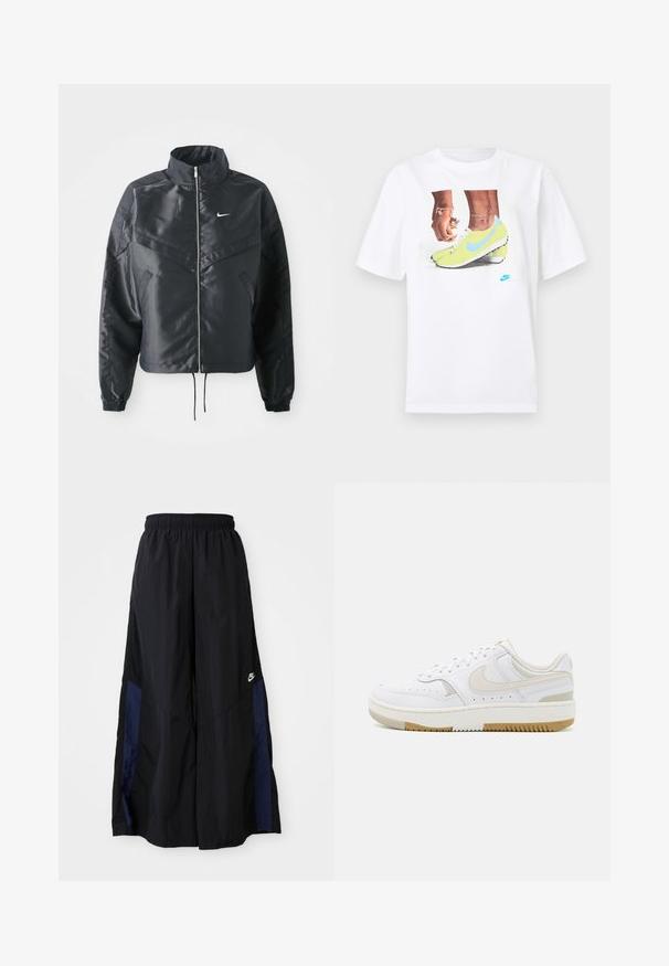 Melna apgriezta jaka ar augstu apkakli, rāvējslēdzēja aizdari, elastīna aprocēm un baltu Nike logo. Gluda, spīdīga auduma ar nedaudz teksturētu virsmu.; Balts kokvilnas T-krekls ar grafiku, kurā attēloti zili akcentēti dzelteni Nike zābaki un kreisajā rokā valkāta rokassprādze.; Melni plata kāju bikses no viegla auduma, ar tumši zilu sānu paneli un elastīgu jostu. Mazs balts logotips apakšā.; Baltas sporta apavi ar gludu ādas virsu, gaiši beiges akcenti, perforēti detaļas un brūngans gumijas zole. Minimālistisks dizains.