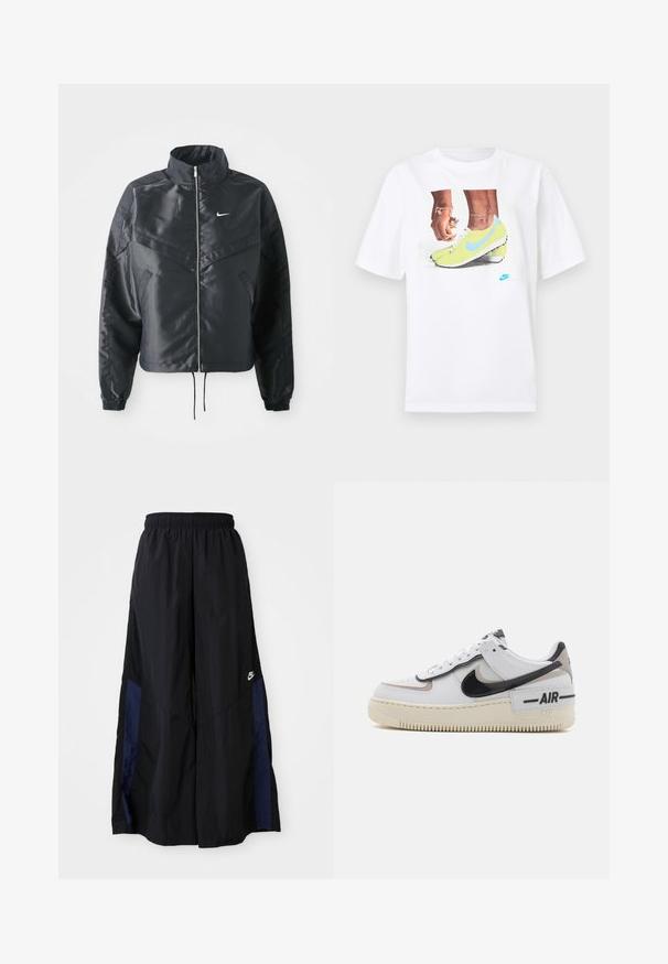 Casaco preto curto com colarinho alto, fecho de zip, punhos em elastano e um logótipo Nike branco. Tecido suave e brilhante com uma superfície ligeiramente texturizada.; T-shirt branco de algodão com uma gráfica de pés em chuteiras Nike amarelas com detalhes azuis, combinado com uma pulseira no pulso esquerdo.; Calças largas pretas feitas de tecido leve, com um painel lateral azul-marinho e cintura elástica. Pequeno logótipo branco na parte inferior.; Sapatilha branca com detalhes em preto e bege, apresentando um cabedal em couro liso, biqueira arredondada, fecho com atacadores e sola de borracha texturizada.