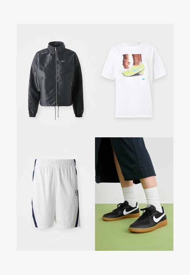 Casaco preto curto com colarinho alto, fecho de zip, punhos em elastano e um logótipo Nike branco. Tecido suave e brilhante com uma superfície ligeiramente texturizada.; T-shirt branco de algodão com uma gráfica de pés em chuteiras Nike amarelas com detalhes azuis, combinado com uma pulseira no pulso esquerdo.; Bermudas atléticas brancas com um tecido texturizado, cintura elástica e detalhes laterais em azul-marinho. Apresenta um pequeno logótipo no canto inferior direito.; Sapatilhas pretas em couro e sintético com o logo da Nike em branco, sola de borracha tipo goma, bico redondo e atacadores pretos. Meias brancas com frunces visíveis.