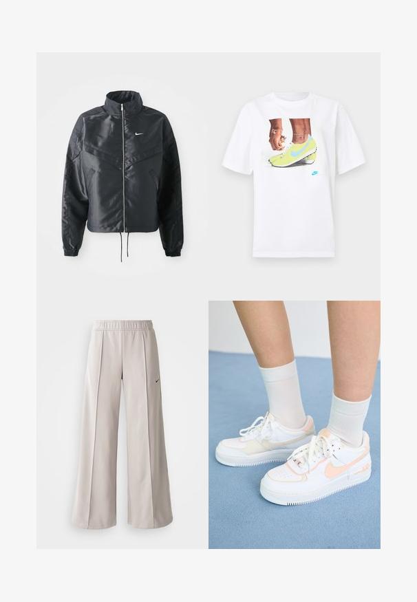 Melna apgriezta jaka ar augstu apkakli, rāvējslēdzēja aizdari, elastīna aprocēm un baltu Nike logo. Gluda, spīdīga auduma ar nedaudz teksturētu virsmu.; Balts kokvilnas T-krekls ar grafiku, kurā attēloti zili akcentēti dzelteni Nike zābaki un kreisajā rokā valkāta rokassprādze.; Gaiši pelēkas platas bikses, izgatavotas no gludas auduma. Iezīmēta ar elastīgu jostu un melnu Nike logo kreisajā pusē.; Baltas brīvlaika apavi ar persiku akcentiem, gluda ādas virsma, perforēts purngals, strukturēta zole un šnūrītes. Valkāti ar baltām augstām zeķēm uz zilas virsmas.