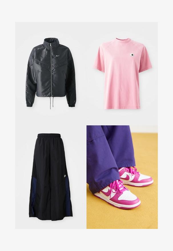 Fekete, rövidített dzseki magas gallérral, cipzáras záródással, elasztikus mandzsettákkal, és fehér Nike logóval. Simább, fényes anyag, enyhén textúrázott felülettel.; Rózsaszín pamut póló kerek nyakkivágással és rövid ujjal. A bal mellrészen egy kis négyzet alakú logófolt található. Sima textúra.; Fekete, bő szárú nadrág könnyű anyagból, tengerészkék oldalsó panellel és elasztikus derékkal. Kicsi fehér logó az alján.; Nike Dunk tornacipők fehér bőr felsőrésszel és rózsaszín bőr díszítésekkel. Jellemzők: kerek orr, perforációk és lapos rózsaszín fűzők.