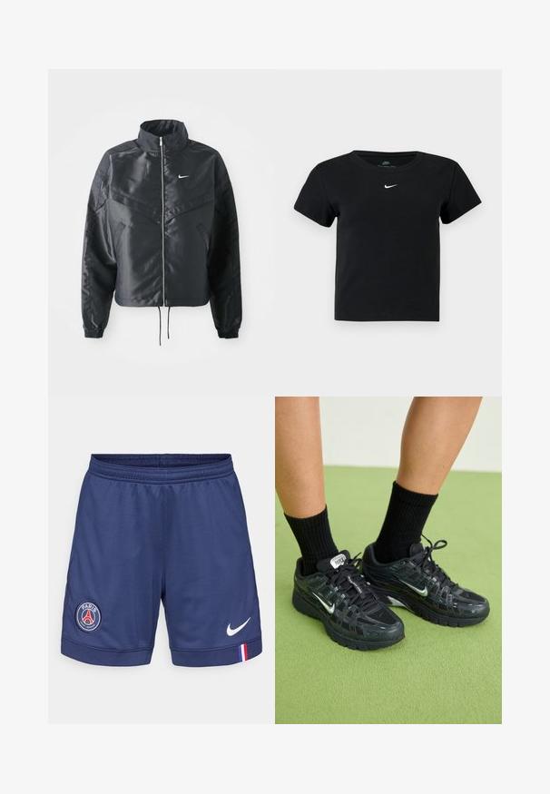 Giacca nera cropped con colletto alto, chiusura a zip, polsini in elastan e logo Nike bianco. Tessuto liscio e lucido con una superficie leggermente texturizzata.; T-shirt nera a costine con maniche corte, dotata di un piccolo logo Nike bianco sul petto e scollatura rotonda.; Shorts sportivi blu navy realizzati in tessuto traspirante, con logo del Paris Saint-Germain e il marchio Nike bianco in basso a destra.; Sneaker Nike nere con sovrapposizioni in rete e sintetico, caratterizzate da accenti riflettenti, una suola ammortizzata e calze nere a coste.