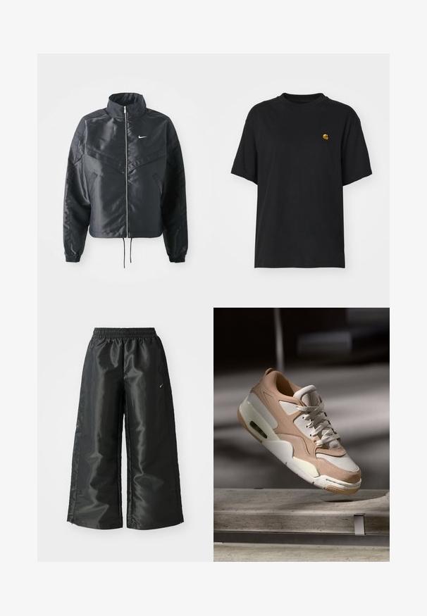Must kolledžiga must lühike jope, millel on lukuga sulgus, elastne mansett ja valge Nike logo. Sile, läikiv kangas, millel on veidi tekstureeritud pind.; Must must särk lõdva lõikega. Omab ümmargust kaelust ja lühikesi varrukaid. Rinnal on väike kuldne tikandiga logo.; Mustad mustad sportsipüksid läikiva, siledaga kangaga, pa elastse vöökoha, laia sääre ja väikese logoga vasakul küljel.; Beež ja valge tenniseking, millel on sile nahk ja sametine viimistlus, varustatud pehmendatud keele, paelaga esiosaga ja nähtava õhkpadjaga.