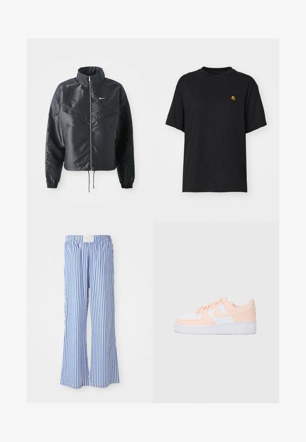 Casaco preto curto com colarinho alto, fecho de zip, punhos em elastano e um logótipo Nike branco. Tecido suave e brilhante com uma superfície ligeiramente texturizada.; T-shirt de algodão preto com um corte descontraído. Apresenta um decote redondo e mangas curtas. Inclui um pequeno logotipo bordado a dourado no peito.; Calças listradas em azul e branco com um ajuste descontraído, feitas de tecido leve, com um cós elástico e uma etiqueta com um logótipo discreto.; Os ténis Nike Air Force 1 apresentam um upper em couro branco com suaves detalhes em rosa. A sola em borracha é texturizada para garantir aderência. Design clássico e fecho com atacadores.