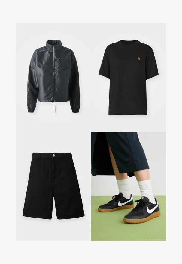 Black cropped jacket with high collar, zip closure, elastane cuffs, and a white Nike logo. Smooth, shiny fabric with a slightly textured surface.; Black cotton t-shirt with a relaxed fit. Features a round neck and short sleeves. Includes a small gold embroidered logo on the chest.; Black shorts made of durable fabric, featuring a straight-cut design, front pockets, a zip fly, and a metal button closure.; Black leather and synthetic sneakers with white Nike swoosh, rubber gum sole, round toe, and black laces. Ribbed white socks visible.