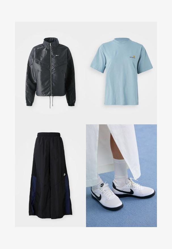 Casaco preto curto com colarinho alto, fecho de zip, punhos em elastano e um logótipo Nike branco. Tecido suave e brilhante com uma superfície ligeiramente texturizada.; T-shirt de algodão de manga curta azul claro com decote redondo e pequeno logótipo da Carhartt em amarelo e vermelho no lado esquerdo do peito.; Calças largas pretas feitas de tecido leve, com um painel lateral azul-marinho e cintura elástica. Pequeno logótipo branco na parte inferior.; Ténis brancos da Nike com detalhes pretos, apresentando um cabedal em pele lisa, atacadores brancos e solas de borracha resistentes, combinados com meias brancas com textura ribada.