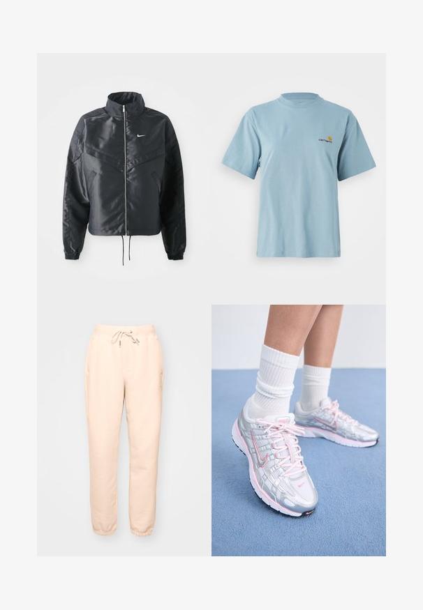 Schwarze, verkürzte Jacke mit hohem Kragen, Reißverschluss, Elastan-Ärmeln und einem weißen Nike-Logo. Glattes, glänzendes Material mit leicht strukturiertem Oberflächeneffekt.; Himmelblaues kurzärmeliges Baumwoll-T-Shirt mit Rundhalsausschnitt und kleinem gelben und roten Carhartt-Logo auf der linken Brust.; Beige Sweatpants mit einem elastischen Bund, verstellbarem Kordelzug, Seitentaschen und elastischen Bündchen an den Knöcheln. Weicher, strukturiertes Material.; Nike Laufschuhe mit einem silbernen Mesh-Obermaterial und pinken Akzenten, weißen Schnürsenkeln und einer strukturierten Sohle. Getragen mit weißen Baumwoll-Sportsocken.