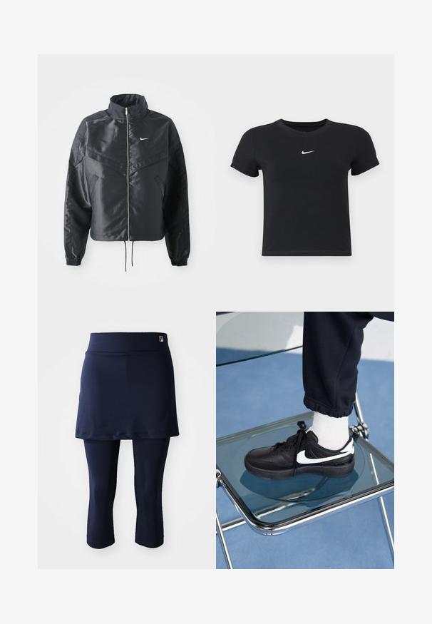 Zwarte cropped jack met hoge kraag, ritsluiting, elastische manchetten en een wit Nike-logo. Glad, glanzend materiaal met een licht gestructureerd oppervlak.; Zwarte katoenen t-shirt met korte mouwen en ronde hals. Voorzien van een wit Nike-logo op de borst, minimalistisch ontwerp en een aansluitende pasvorm.; Marineblauwe sportrok met aansluitende capri-legging. Gemaakt van een gladde stof, heeft een brede tailleband en een klein logo op de tailleband.; Zwarte Nike sneakers met witte accenten, met een gladde leren textuur, vetersluiting en ronde neus, geplaatst op een glazen stoel.