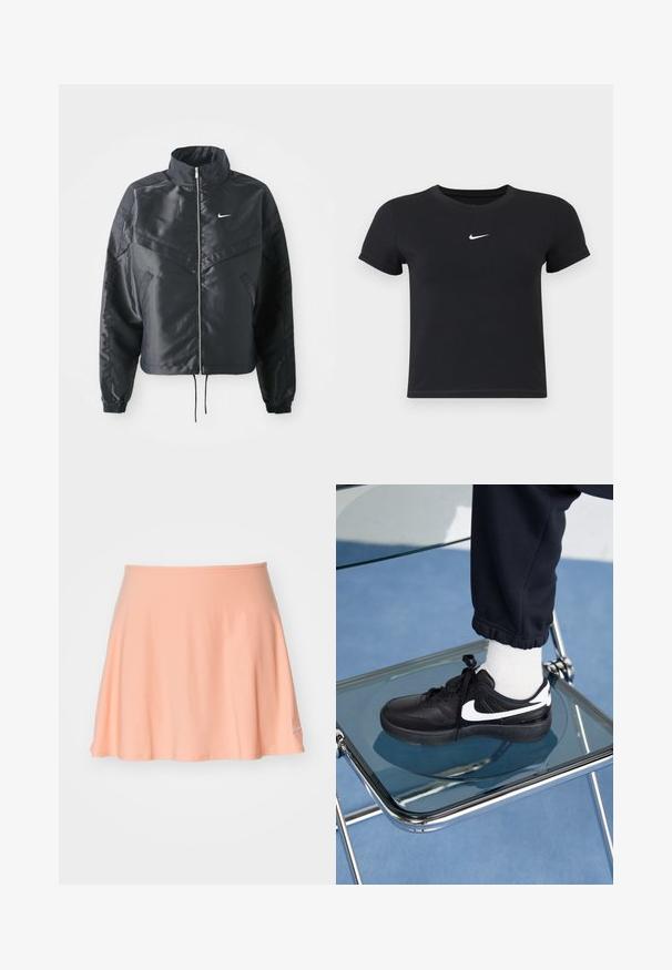 Mustat lyhyet takit, joissa on korkea kaulus, vetoketjukiinnitys, elastaanista valmistetut hihan suut ja valkoinen Nike-logo. Sileä, kiiltävä kangas, jossa on hieman tekstuuria.; Mustat lyhyet hihattomat t-paidat, jotka on valmistettu puuvillasta ja joissa on pyöreä pääntie. Sisältää valkoisen Nike-logon rinnassa, yksinkertainen muotoilu ja kapea leikkaus.; Pitsan värinen urheiluhame, joka on valmistettu joustavasta kankaasta. Hameessa on liehuva muotoilu ja pieni logo alaosassa. Pintakuvio on sileä.; Mustat Nike-tennarit valkoisilla yksityiskohdilla, joissa on sileä nahkapinta, nauhakiinnitys ja pyöreä varvas, aseteltuna lasituolille.