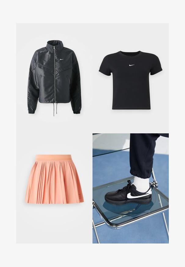 Svart kort jacka med hög krage, dragkedja, ärmslut i elastan och en vit Nike-logotyp. Slät, glänsande tyg med en något strukturerad yta.; Svart kortärmad t-shirt i bomull med rund halsringning. Har en vit Nike-logotyp på bröstet, minimalistisk design och figurnära passform.; Persikofärgad veckad kjol med en bred elastisk midja och mjuk textur. Har en enkel logotypdetalj nere till höger.; Svarta Nike-sneakers med vita detaljer, med en slät läderstruktur, snörningsdesign och rund tå, placerade på en glasstol.