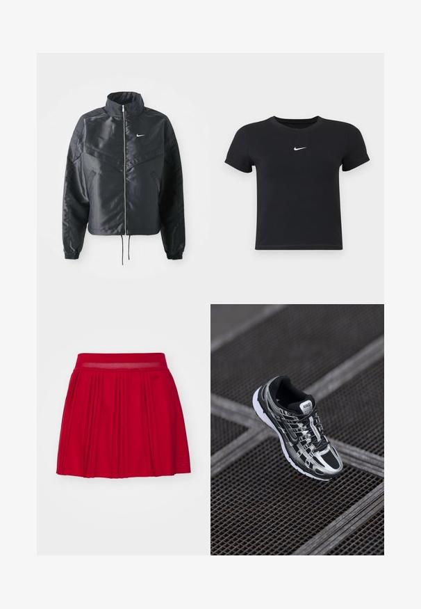 Fekete, rövidített dzseki magas gallérral, cipzáras záródással, elasztikus mandzsettákkal, és fehér Nike logóval. Simább, fényes anyag, enyhén textúrázott felülettel.; Fekete, rövid ujjú póló, pamutból készült, kerek nyakkivágással. A mellkasán fehér Nike logó található, minimális dizájnnal és testhez simuló formával.; Piros, redőzött szoknya textúrált derékkal és egyszínű kialakítással. Lazább fazonú, bővülő szabású designnal készült.; Nike futócipő, fekete és ezüst színvilággal, hálós felső résszel, texturált talppal és biztos illeszkedést biztosító fűzőrendszerrel.