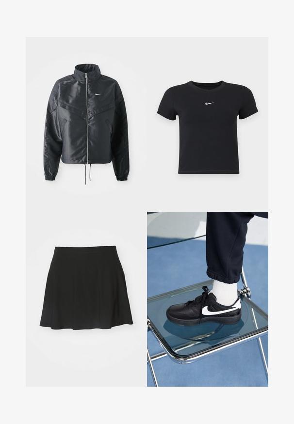 Zwarte cropped jack met hoge kraag, ritsluiting, elastische manchetten en een wit Nike-logo. Glad, glanzend materiaal met een licht gestructureerd oppervlak.; Zwarte katoenen t-shirt met korte mouwen en ronde hals. Voorzien van een wit Nike-logo op de borst, minimalistisch ontwerp en een aansluitende pasvorm.; Zwarte skaterrok van zacht materiaal, met een uitlopende vorm, een brede tailleband en een gladde textuur, zonder zichtbare patronen of hardware.; Zwarte Nike sneakers met witte accenten, met een gladde leren textuur, vetersluiting en ronde neus, geplaatst op een glazen stoel.