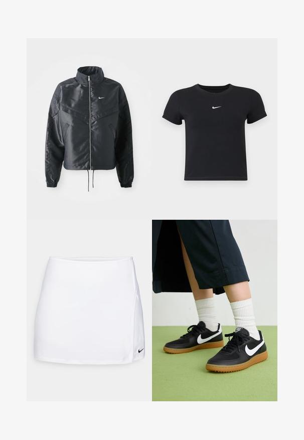 Casaco preto curto com colarinho alto, fecho de zip, punhos em elastano e um logótipo Nike branco. Tecido suave e brilhante com uma superfície ligeiramente texturizada.; T-shirt preta de manga curta feita de algodão, com decote redondo. Apresenta um logótipo branco da Nike no peito, design minimalista e corte ajustado.; Saia atlética branca feita de um tecido liso e leve. Apresenta uma cintura ajustada, abertura lateral e um pequeno logótipo preto da Nike na bainha.; Sapatilhas pretas em couro e sintético com o logo da Nike em branco, sola de borracha tipo goma, bico redondo e atacadores pretos. Meias brancas com frunces visíveis.