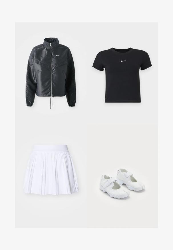 Casaco preto curto com colarinho alto, fecho de zip, punhos em elastano e um logótipo Nike branco. Tecido suave e brilhante com uma superfície ligeiramente texturizada.; T-shirt preta de manga curta feita de algodão, com decote redondo. Apresenta um logótipo branco da Nike no peito, design minimalista e corte ajustado.; Saia plissada branca com uma cintura elástica suave, apresentando uma textura suave e um design minimalista sem padrões ou acentos adicionais.; Sapatilhas brancas desportivas com um upper texturizado, faixa de velcro ajustável, biqueira arredondada e sola grossa com um padrão de pisada distinto.