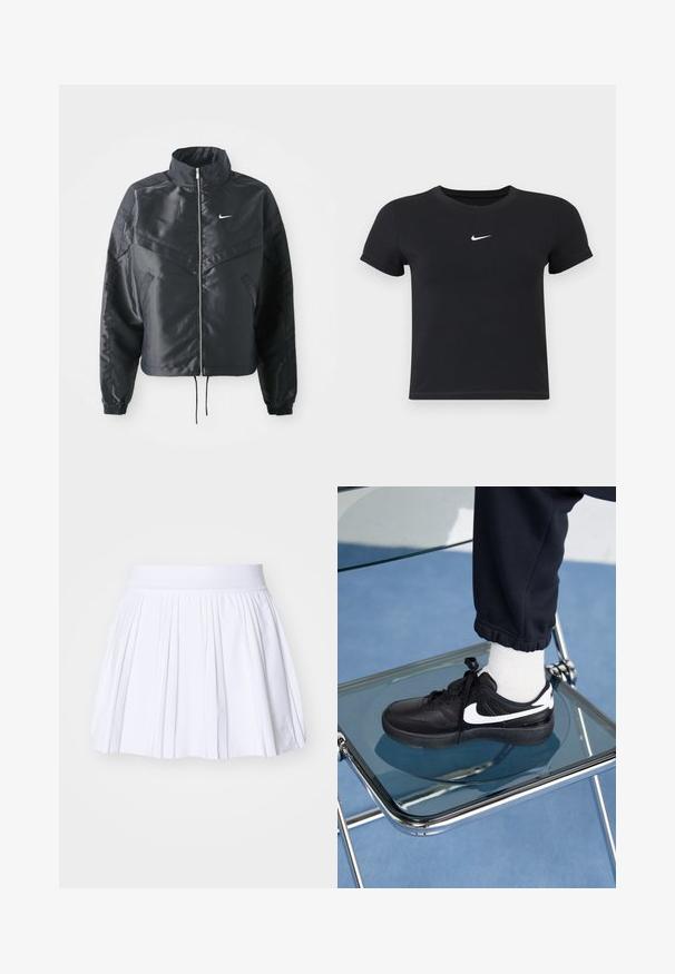 Chaqueta negra corta con cuello alto, cierre de cremallera, puños de elastano y un logo de Nike en blanco. Tejido suave y brillante con una superficie ligeramente texturizada.; Camiseta negra de manga corta hecha de algodón con un cuello redondo. Presenta un logo blanco de Nike en el pecho, diseño minimalista y forma ajustada.; Falda blanca plisada con una suave cinturilla elástica, que presenta una textura lisa y un diseño minimalista sin patrones ni acentos adicionales.; Zapatillas Nike negras con acentos blancos, con una textura de cuero suave, diseño de cordones y punta redondeada, colocadas sobre una silla de cristal.
