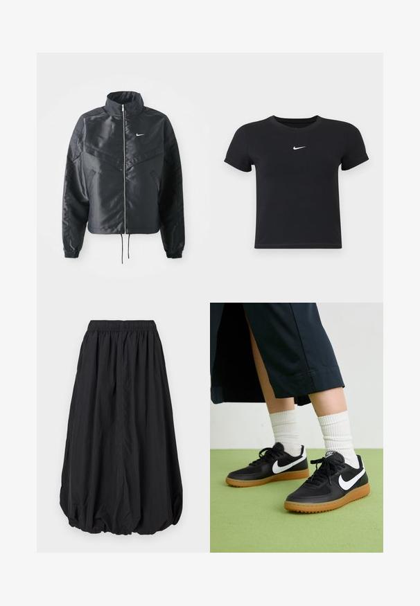 Černá zkrácená bunda s vysokým límcem, zipovým zapínáním, elastickými manžetami a bílým logem Nike. Hladká, lesklá látka s mírně strukturovaným povrchem.; Černé tričko s krátkým rukávem vyrobené z bavlny s kulatým výstřihem. Na hrudi se nachází bílé logo Nike, minimalistický design a přiléhavý střih.; Černá sukně s nařaseným elastickým páskem a objemovým střihem, který se zužuje na lemu, vyrobená z lehkého materiálu s hladkým povrchem.; Černé kožené a syntetické tenisky s bílým logem Nike, gumovou podrážkou, kulatou špičkou a černými tkaničkami. Viditelné žebrované bílé ponožky.