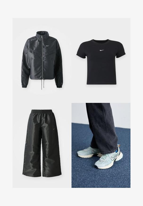 Svart cropped jakke med høy krage, glidelåsåpning, elastiske mansjetter og en hvit Nike-logo. Glatt, shiny stoff med en lett teksturert overflate.; Svart T-skjorte med kort arm laget av bomull med rund hals. Har en hvit Nike-logo på brystet, minimalistisk design og tettsittende fasong.; Svarte treningsbukser med en blank, glatt stoff, som har et elastisk liv, vide ben og en liten logo på venstre side.; Lyseblå mesh Nike-sneakers med teksturert overflate, svart swoosh og kremfarget mellom såle, kombinert med mørkegrå vide bukser.