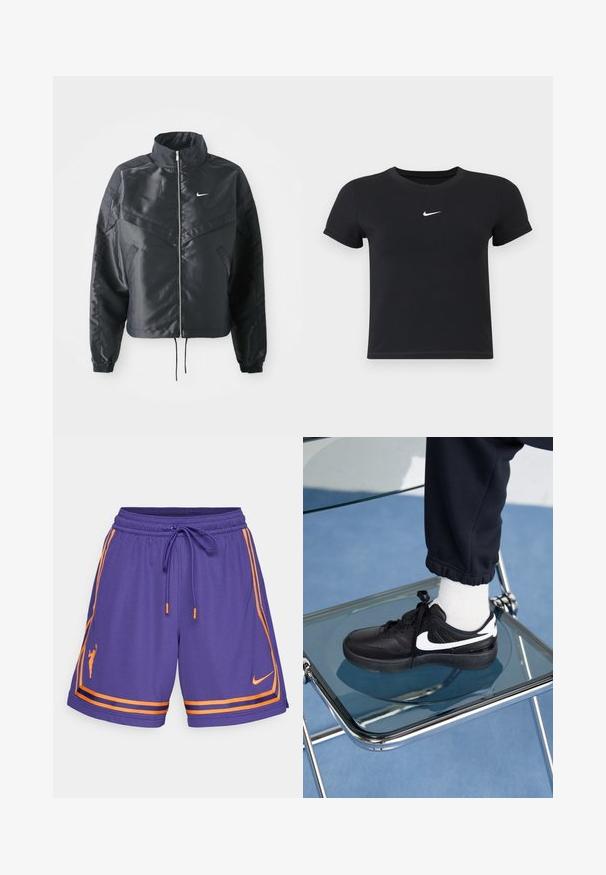 Svart kort jacka med hög krage, dragkedja, ärmslut i elastan och en vit Nike-logotyp. Slät, glänsande tyg med en något strukturerad yta.; Svart kortärmad t-shirt i bomull med rund halsringning. Har en vit Nike-logotyp på bröstet, minimalistisk design och figurnära passform.; Lila träningstajts med orange accenter, med dragsko i midjan, sidostreck och en silhuettlogo. Tillverkade av andningsbart material.; Svarta Nike-sneakers med vita detaljer, med en slät läderstruktur, snörningsdesign och rund tå, placerade på en glasstol.