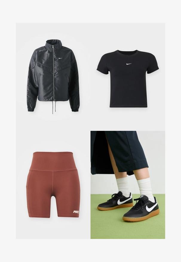Fekete, rövidített dzseki magas gallérral, cipzáras záródással, elasztikus mandzsettákkal, és fehér Nike logóval. Simább, fényes anyag, enyhén textúrázott felülettel.; Fekete, rövid ujjú póló, pamutból készült, kerek nyakkivágással. A mellkasán fehér Nike logó található, minimális dizájnnal és testhez simuló formával.; Barna, testhez simuló sportnadrág magas derékkal, sima anyagból készült. Oldalzsebbe és egy kis logóra van szükség az alsó jobb sarokban.; Fekete bőr és szintetikus sneakers, fehér Nike logo-val, gumi talppal, kerek orral és fekete fűzővel. Csíkos fehér zokni látható.
