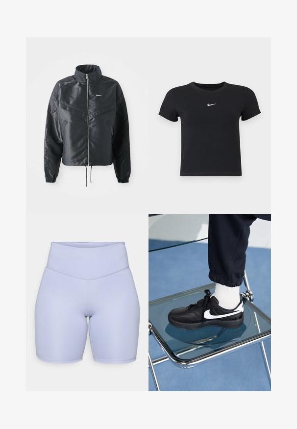 Svart kort jacka med hög krage, dragkedja, ärmslut i elastan och en vit Nike-logotyp. Slät, glänsande tyg med en något strukturerad yta.; Svart kortärmad t-shirt i bomull med rund halsringning. Har en vit Nike-logotyp på bröstet, minimalistisk design och figurnära passform.; Ljuslila högmidjade shorts i elastiskt material, med en slät yta och sömdetaljer fram.; Svarta Nike-sneakers med vita detaljer, med en slät läderstruktur, snörningsdesign och rund tå, placerade på en glasstol.