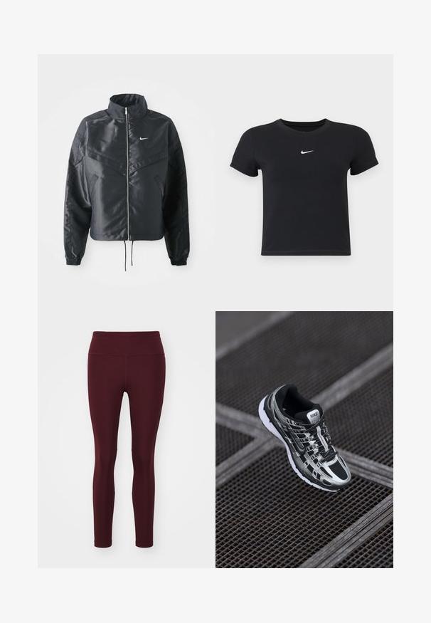Crna kratka jakna s visokim ovratnikom, zatvaranjem na patentni zatvarač, elastinim rukavima i bijelim Nike logom. Glatka, sjajna tkanina s lagano teksturiranom površinom.; Crna majica kratkih rukava od pamuka s okruglim izrezom. Ima bijeli Nike logotip na prsima, minimalistički dizajn i oblik koji prati liniju tijela.; Burgundijske tajice od rastezljivog materijala s visokim strukom, s glatkom teksturom i uskim siluetom, bez uzoraka ili akcenta.; Nike trkaći model tenisice s crno-srebrnom bojom, mrežastim gornjim dijelom, teksturiranim potplatom i sustavom vezivanja za sigurno prilagođavanje.