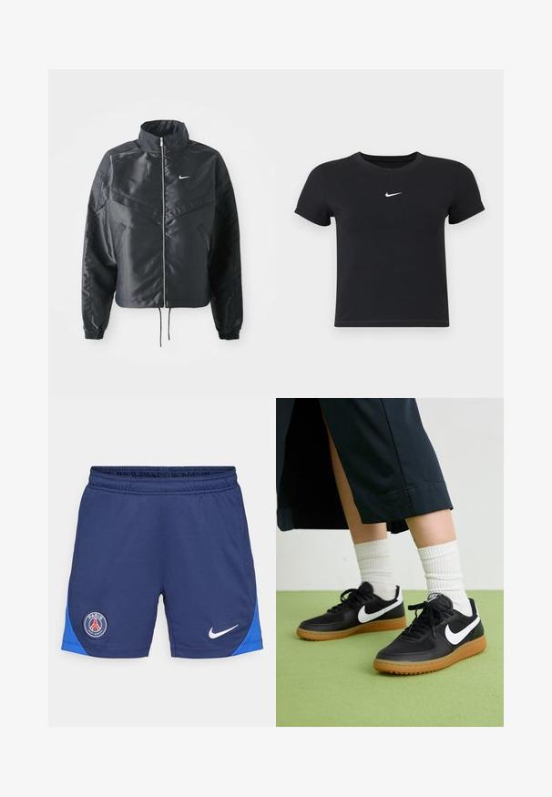 Jachetă croppată neagră cu guler înalt, închidere cu fermoar, manșete din elastan și un logo alb Nike. Material neted, lucios, cu o suprafață ușor texturată.; Tricou negru cu mânecă scurtă, din bumbac, cu decolteu rotund. Prezintă un logo alb Nike pe piept, design minimalist și croială ajustată.; Şorturi atletice de culoare albastru marin, cu o talie elastică, panouri laterale de culoare albastră, logo Nike în alb și un logo rotund PSG pe coapsa stângă.; Sneakers negre din piele și material sintetic cu logo-ul alb Nike, talpă din cauciuc, vârful rotund și șireturi negre. Șosete albe cu nervuri vizibile.