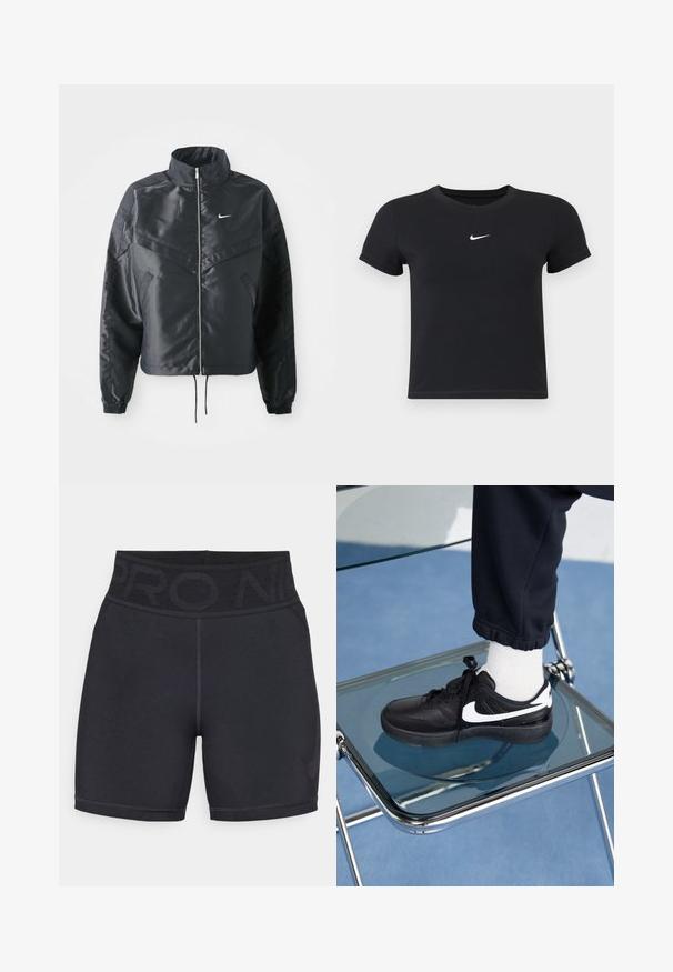 Czarna krótka kurtka z wysokim kołnierzem, zamek błyskawiczny, ściągacze z elastanu i białe logo Nike. Gładki, błyszczący materiał o lekko teksturowanej powierzchni.; Czarny krótki rękaw t-shirt wykonany z bawełny, z okrągłym dekoltem. Posiada białe logo Nike na piersi, minimalistyczny wzór oraz dopasowany krój.; Czarne sportowe szorty wykonane z elastycznego materiału, z wysokim stanem z nadrukiem "PRO" oraz małym logo w dolnym rogu.; Czarne sneakersy Nike z białymi akcentami, charakteryzujące się gładką skórzaną teksturą, zawiązywaną konstrukcją i zaokrąglonym noskiem, umieszczone na szklanym krześle.