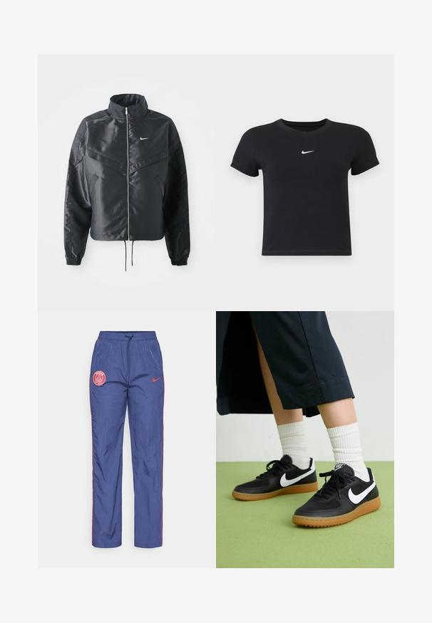 Zwarte cropped jack met hoge kraag, ritsluiting, elastische manchetten en een wit Nike-logo. Glad, glanzend materiaal met een licht gestructureerd oppervlak.; Zwarte katoenen t-shirt met korte mouwen en ronde hals. Voorzien van een wit Nike-logo op de borst, minimalistisch ontwerp en een aansluitende pasvorm.; Blauwe Nike trainingsbroek van Paris Saint-Germain met rode logo patches, rode piping langs de zijkanten en een elastische tailleband met trekkoord.; Zwarte leren en synthetische sneakers met witte Nike swoosh, rubberen gumzool, ronde neus en zwarte veters. Geribbelde witte sokken zichtbaar.