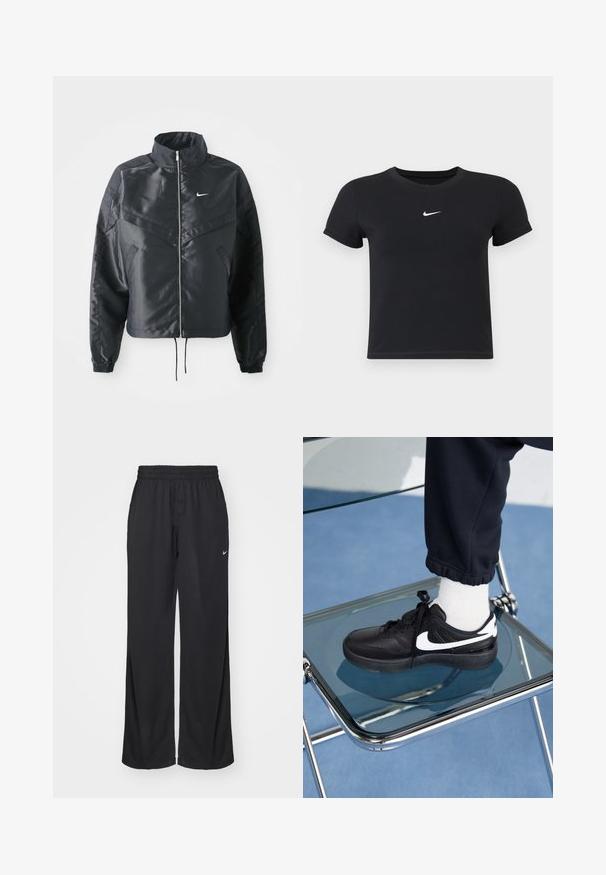 Zwarte cropped jack met hoge kraag, ritsluiting, elastische manchetten en een wit Nike-logo. Glad, glanzend materiaal met een licht gestructureerd oppervlak.; Zwarte katoenen t-shirt met korte mouwen en ronde hals. Voorzien van een wit Nike-logo op de borst, minimalistisch ontwerp en een aansluitende pasvorm.; Nike Sportswear PANT COORD - Trainingsbroek - black; Zwarte Nike sneakers met witte accenten, met een gladde leren textuur, vetersluiting en ronde neus, geplaatst op een glazen stoel.