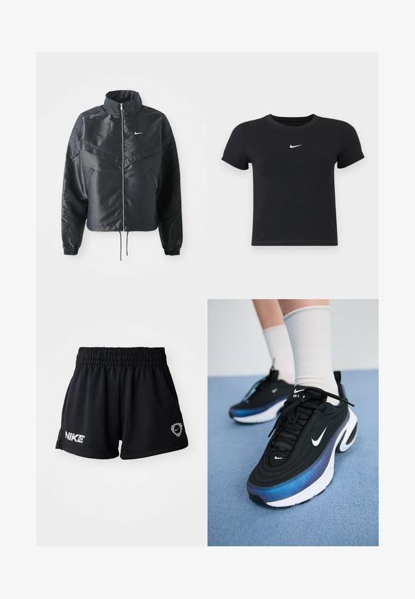 Črna skrajšana jakna z visokim ovratnikom, zadrgo, elastan rokavi in belim logotipom Nike. Gladek, sijoč material z rahlo teksturirano površino.; Črna kratka majica z rokavi iz bombaža s krožnim vratnim izrezom. Ima bel Nike logotip na prsih, minimalističen dizajn in oprijet kroj.; Črne atletske kratke hlače iz mehkega, lahkega materiala. Imajo elastičen pas in natisnjeni Nike logotip na levem stegnu.; Črne Nike športne copate z gladkim zgornjim delom iz tkanine, ki imajo gradientni dizajn od modre do črne, belo podplat in izrazite logotipne akcenta.