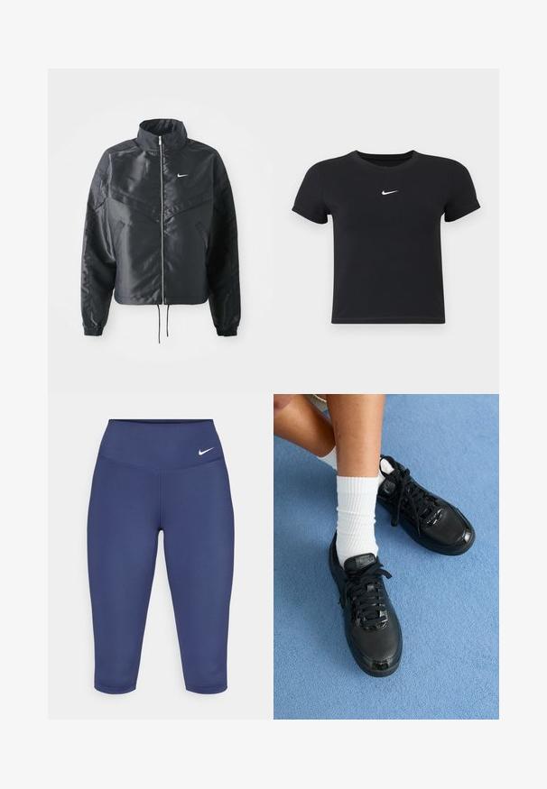 Mustat lyhyet takit, joissa on korkea kaulus, vetoketjukiinnitys, elastaanista valmistetut hihan suut ja valkoinen Nike-logo. Sileä, kiiltävä kangas, jossa on hieman tekstuuria.; Mustat lyhyet hihattomat t-paidat, jotka on valmistettu puuvillasta ja joissa on pyöreä pääntie. Sisältää valkoisen Nike-logon rinnassa, yksinkertainen muotoilu ja kapea leikkaus.; Leggins capri marin blue yang terbuat dari kain elastis, dilengkapi dengan pinggang lebar dan logo kecil berwarna putih di sisi kiri. Tidak ada jahitan yang terlihat.; Musta Nike-kengät, joissa on teksturoidut päälliset, kiiltävät yksityiskohdat ja pyöreät nauhat. Ne on yhdistetty valkoisiin ribbipolkimiin vaaleansinisellä pinnalla.