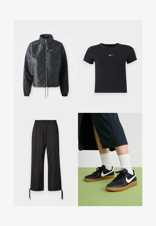 Fekete, rövidített dzseki magas gallérral, cipzáras záródással, elasztikus mandzsettákkal, és fehér Nike logóval. Simább, fényes anyag, enyhén textúrázott felülettel.; Fekete, rövid ujjú póló, pamutból készült, kerek nyakkivágással. A mellkasán fehér Nike logó található, minimális dizájnnal és testhez simuló formával.; Fekete, bő szárú nadrág rugalmas derékkal és állítható húzózsinórokkal a bokán. Simogatós anyag, enyhe fényes hatással.; Fekete bőr és szintetikus sneakers, fehér Nike logo-val, gumi talppal, kerek orral és fekete fűzővel. Csíkos fehér zokni látható.