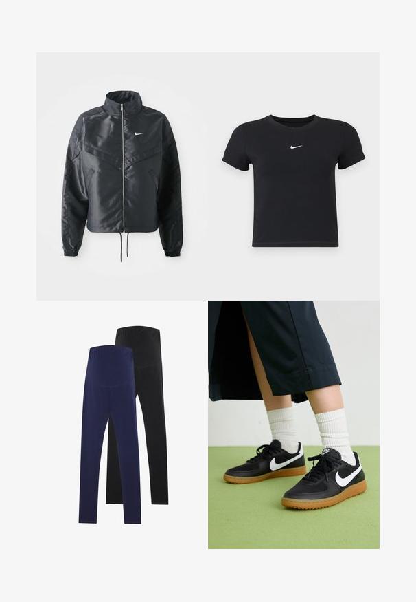 Svart cropped jakke med høy krage, glidelåsåpning, elastiske mansjetter og en hvit Nike-logo. Glatt, shiny stoff med en lett teksturert overflate.; Svart T-skjorte med kort arm laget av bomull med rund hals. Har en hvit Nike-logo på brystet, minimalistisk design og tettsittende fasong.; To par med tights, en marineblå og en svart, med en glatt tekstur og høy midje for en sikker passform.; Sorte lær- og syntetiske joggesko med hvit Nike swoosh, gummisåle, rund tå og sorte lisser. Ribbet hvite sokker synlige.