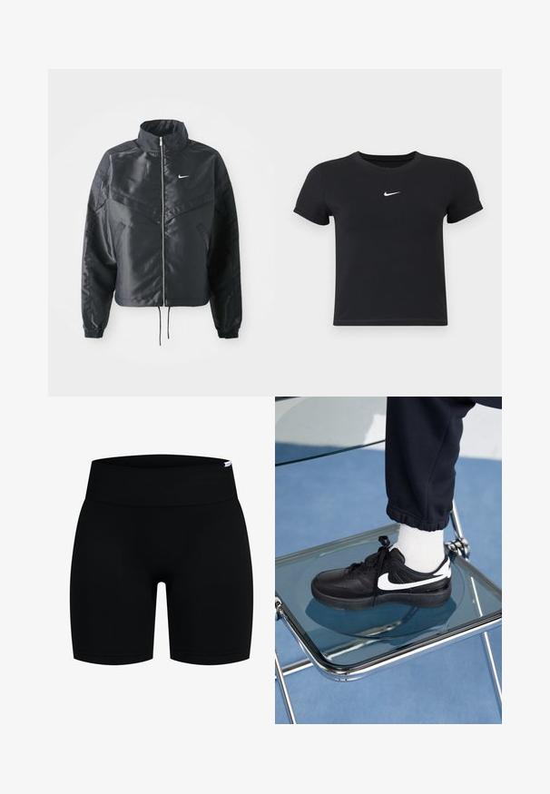 Veste noire courte avec col haut, fermeture éclair, poignets en élasthanne et logo Nike blanc. Tissu lisse et brillant avec une surface légèrement texturée.; T-shirt noir à manches courtes en coton avec un col rond. Présente un logo Nike blanc sur la poitrine, un design minimaliste et une coupe ajustée.; Shorts de sport noirs avec une large ceinture côtelée. Fabriqués en tissu lisse et extensible avec une silhouette ajustée et une coupe courte.; Baskets Nike noires avec des accents blancs, présentant une texture en cuir lisse, un design à lacets et un bout rond, placées sur une chaise en verre.