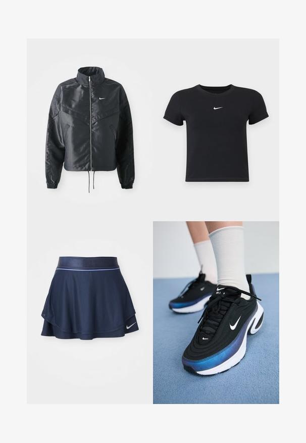Chaqueta negra corta con cuello alto, cierre de cremallera, puños de elastano y un logo de Nike en blanco. Tejido suave y brillante con una superficie ligeramente texturizada.; Camiseta negra de manga corta hecha de algodón con un cuello redondo. Presenta un logo blanco de Nike en el pecho, diseño minimalista y forma ajustada.; Falda deportiva azul marino hecha de tela acanalada, con un diseño acampanado, cinturilla ancha y un logo blanco de Nike en el dobladillo.; Zapatillas Nike negras con un upper de tejido suave, que presentan un diseño en degradado de azul a negro, suela blanca y acentos de logotipo prominentes.
