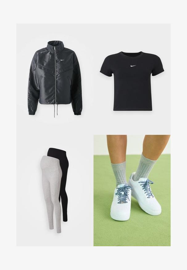 Fekete, rövidített dzseki magas gallérral, cipzáras záródással, elasztikus mandzsettákkal, és fehér Nike logóval. Simább, fényes anyag, enyhén textúrázott felülettel.; Fekete, rövid ujjú póló, pamutból készült, kerek nyakkivágással. A mellkasán fehér Nike logó található, minimális dizájnnal és testhez simuló formával.; Két pár kismamaleggings: az egyik szürke, a másik fekete. Mindkettő sima textúrával, rugalmas derékrésszel és karcsú fazonnal rendelkezik.; Fehér bőr sportcipő kék akcentusokkal, perforált orrdesignnal és texturált kék-fehér cipőfűzőkkel, szürke bordás zoknikkal viselve.