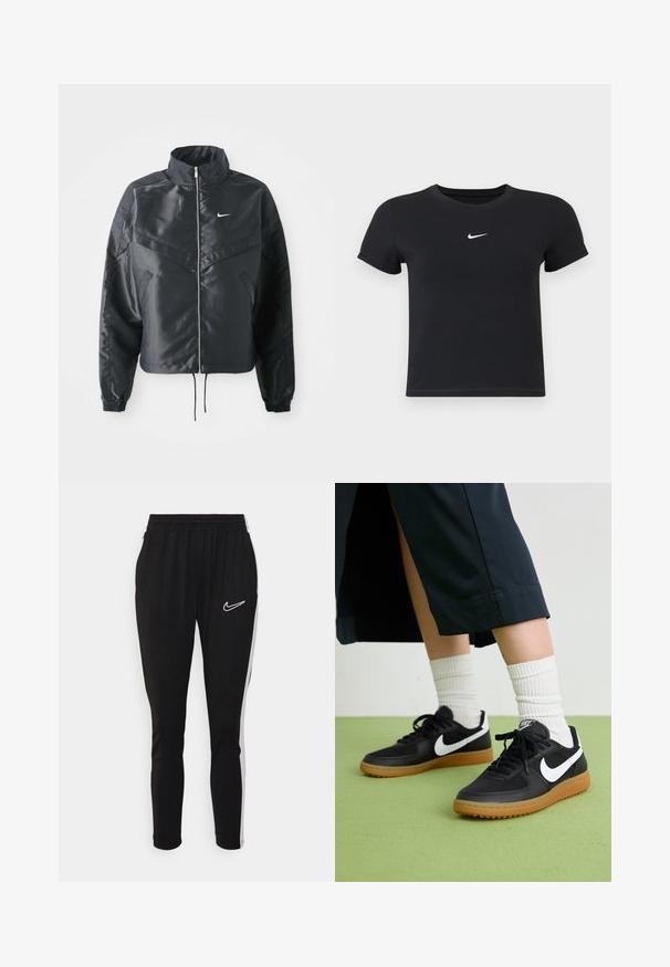 Casaco preto curto com colarinho alto, fecho de zip, punhos em elastano e um logótipo Nike branco. Tecido suave e brilhante com uma superfície ligeiramente texturizada.; T-shirt preta de manga curta feita de algodão, com decote redondo. Apresenta um logótipo branco da Nike no peito, design minimalista e corte ajustado.; Calças atléticas pretas com cintura elástica, apresentando um logótipo da Nike em branco e riscas laterais brancas. Feitas de um tecido liso e elástico.; Sapatilhas pretas em couro e sintético com o logo da Nike em branco, sola de borracha tipo goma, bico redondo e atacadores pretos. Meias brancas com frunces visíveis.