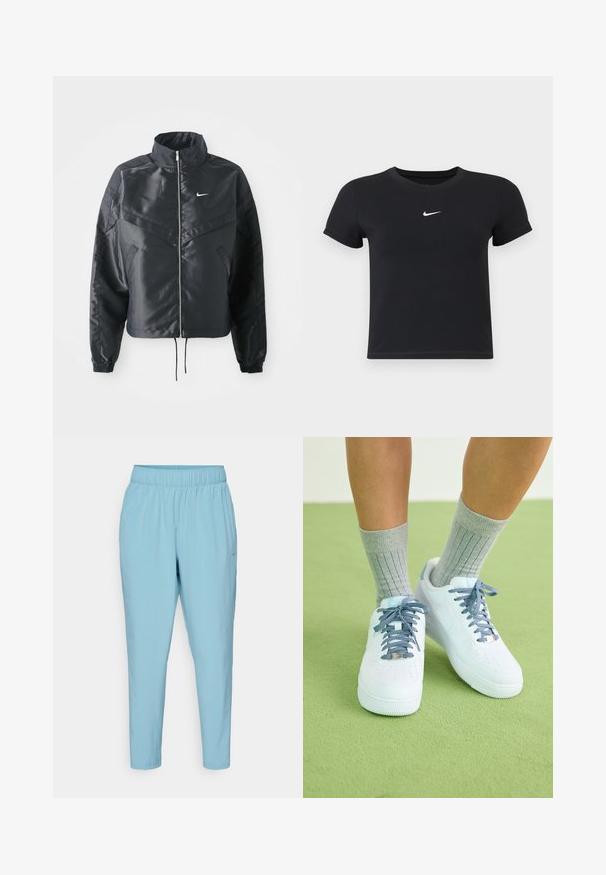Black cropped jacket with high collar, zip closure, elastane cuffs, and a white Nike logo. Smooth, shiny fabric with a slightly textured surface.; Black short-sleeve t-shirt made of cotton with a round neckline. Features a white Nike logo on the chest, minimalistic design, and fitted shape.; Blue, lightweight athletic pants with an elastic waistband, tapered legs, and a small logo on the lower left side.; White leather sneakers with blue accents, perforated toe design, and textured blue-and-white laces, worn with gray ribbed socks.