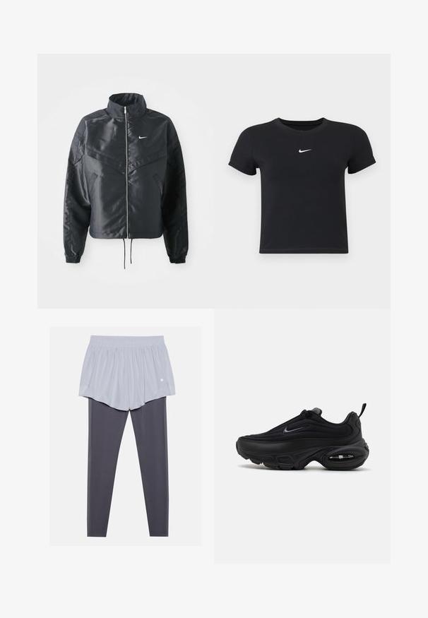 Juoda trumpa striukė su aukštu coloru, užtrauktuku, elastaniniu rankogaliu ir balta Nike logotipu. Lygus, blizgus audinys su šiek tiek tekstūruotu paviršiumi.; Juodas trumpas rankoves marškinėliai, pagaminti iš medvilnės, su apvaliu kaklu. Pasižymi balta Nike logotipu ant krūtinės, minimalistišku dizainu ir prigludusia forma.; Šviesiai pilkos sportinės šortai su elastinga juosmens linija, dėvimi virš tamsiai pilkų tampres. Abi medžiagos yra glotnios, ištemptos ir pristatytos.; Juodas sportinis batas su lygiu, tekstūruotu paviršiumi. Turi apvalų nosį, paminkštintą apykaklę ir matomą oro pagalvę padais.