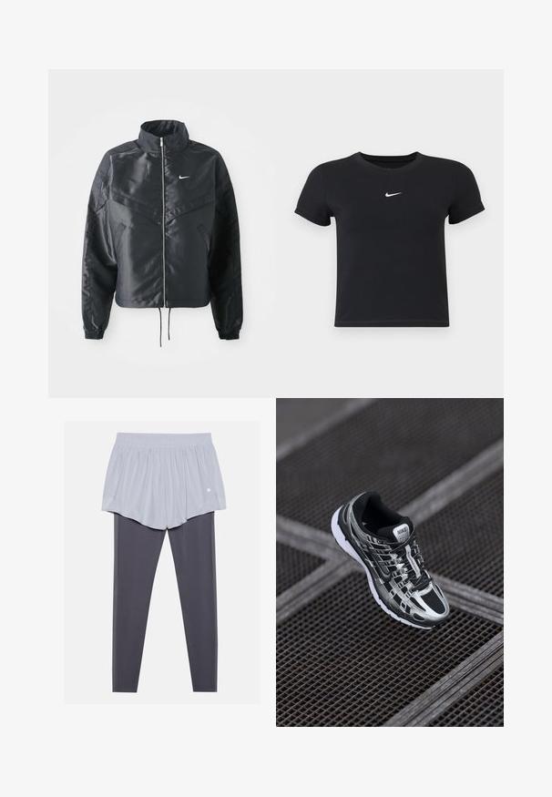 Juoda trumpa striukė su aukštu coloru, užtrauktuku, elastaniniu rankogaliu ir balta Nike logotipu. Lygus, blizgus audinys su šiek tiek tekstūruotu paviršiumi.; Juodas trumpas rankoves marškinėliai, pagaminti iš medvilnės, su apvaliu kaklu. Pasižymi balta Nike logotipu ant krūtinės, minimalistišku dizainu ir prigludusia forma.; Šviesiai pilkos sportinės šortai su elastinga juosmens linija, dėvimi virš tamsiai pilkų tampres. Abi medžiagos yra glotnios, ištemptos ir pristatytos.; Nike bėgimo bateliai su juodos ir sidabrinės spalvų schema, tinklinis viršus, tekstūruota padas ir raištelių sistema saugiam prigludimui.