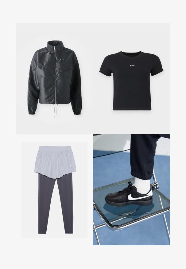 Černá zkrácená bunda s vysokým límcem, zipovým zapínáním, elastickými manžetami a bílým logem Nike. Hladká, lesklá látka s mírně strukturovaným povrchem.; Černé tričko s krátkým rukávem vyrobené z bavlny s kulatým výstřihem. Na hrudi se nachází bílé logo Nike, minimalistický design a přiléhavý střih.; Světlé šedé sportovní šortky s elastickým pasem, které jsou vrstvené přes tmavě šedé legíny. Oba materiály jsou hladké, elastické a přiléhavé.; Černé tenisky Nike s bílými akcenty, s hladkou koženou texturou, šněrovacím designem a zaoblenou špičkou, umístěné na skleněné židli.