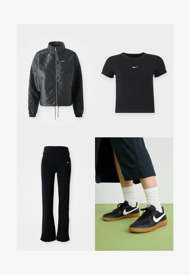 Melna apgriezta jaka ar augstu apkakli, rāvējslēdzēja aizdari, elastīna aprocēm un baltu Nike logo. Gluda, spīdīga auduma ar nedaudz teksturētu virsmu.; Melns īsām piedurknēm T-krekls no kokvilnas ar apaļu kakla izgriezumu. Ar balto Nike logotipu uz krūtīm, minimālisma dizains un pieguļošs siluets.; Melni sporta bikses ar platām jostām, izgatavotas no gludas, stiepjamas auduma. Izceļas ar mazu, baltu Nike logo uz gurniem.; Melna āda un sintētiska materiāla sporta apavi ar baltu Nike logo, gumijas zole, apaļa purngala forma un melni šņores. Redzamas ribotas baltas zeķes.