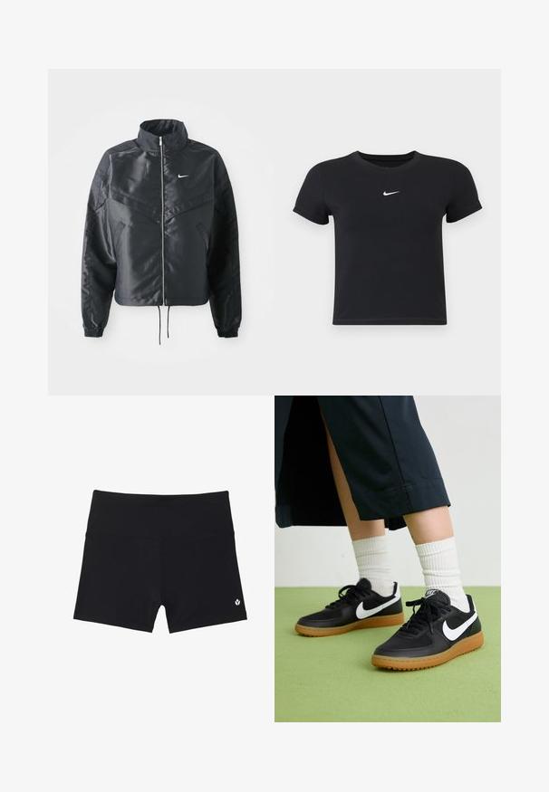 Fekete, rövidített dzseki magas gallérral, cipzáras záródással, elasztikus mandzsettákkal, és fehér Nike logóval. Simább, fényes anyag, enyhén textúrázott felülettel.; Fekete, rövid ujjú póló, pamutból készült, kerek nyakkivágással. A mellkasán fehér Nike logó található, minimális dizájnnal és testhez simuló formával.; Fekete sportnadrág, rugalmas anyagból készült, magas derékkal, és egy kis fehér logóval az alsó jobb sarokban.; Fekete bőr és szintetikus sneakers, fehér Nike logo-val, gumi talppal, kerek orral és fekete fűzővel. Csíkos fehér zokni látható.