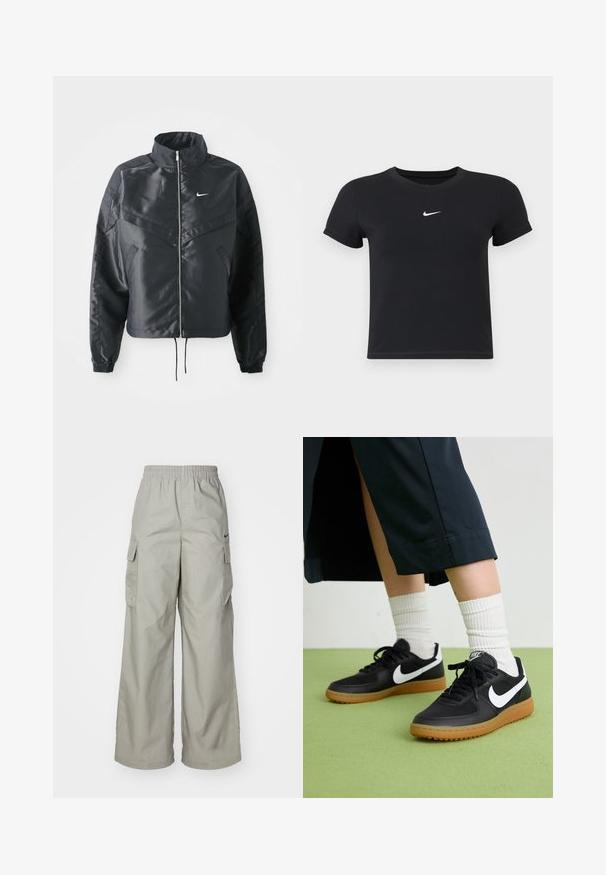 Casaco preto curto com colarinho alto, fecho de zip, punhos em elastano e um logótipo Nike branco. Tecido suave e brilhante com uma superfície ligeiramente texturizada.; T-shirt preta de manga curta feita de algodão, com decote redondo. Apresenta um logótipo branco da Nike no peito, design minimalista e corte ajustado.; Calças cargo cinzentas claras com um cós elástico, design de perna larga e dois bolsos laterais. Feitas de tecido durável, com pouco hardware.; Sapatilhas pretas em couro e sintético com o logo da Nike em branco, sola de borracha tipo goma, bico redondo e atacadores pretos. Meias brancas com frunces visíveis.