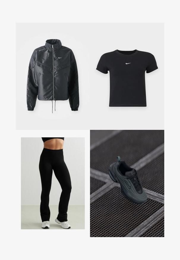 Čierna skrátená bunda s vysokým golierom, zipsovým uzatváraním, elastickými manžetami a bielym logom Nike. Hladká, lesklá tkanina s mierne textúrovaným povrchom.; Čierne tričko s krátkym rukávom vyrobené z bavlny s okrúhlym výstrihom. Obsahuje biele logo Nike na hrudi, minimalistický dizajn a priliehavý strih.; Čierne legíny s vysokým pásom, vyrobené z elastického materiálu. Majú hladkú textúru a dizajn s rozšírenými členkami. Skombinované s bielymi teniskami.; Tmavohnedé a čierne tenisky Nike Air plávajúce nad kovovou mriežkovou podlahou, kde sú viditeľné detaily dizajnu z boku a zhora.