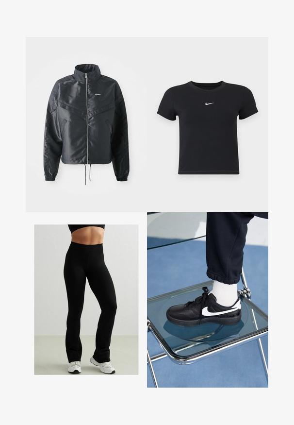Jachetă croppată neagră cu guler înalt, închidere cu fermoar, manșete din elastan și un logo alb Nike. Material neted, lucios, cu o suprafață ușor texturată.; Tricou negru cu mânecă scurtă, din bumbac, cu decolteu rotund. Prezintă un logo alb Nike pe piept, design minimalist și croială ajustată.; Colanți negri ajustați, cu talie înaltă, din material elastic. Au o textură netedă și un design cu tiv evazat la gleznă. Asortați cu adidași albi.; Adidași negri Nike cu accente albe, cu o textură de piele netedă, design cu șireturi și vârf rotunjit, așezați pe un scaun din sticlă.