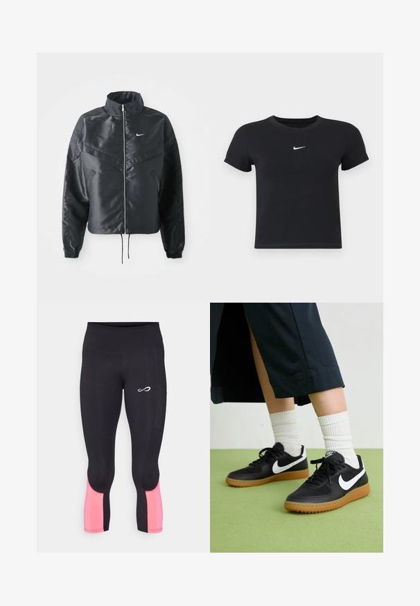 Fekete, rövidített dzseki magas gallérral, cipzáras záródással, elasztikus mandzsettákkal, és fehér Nike logóval. Simább, fényes anyag, enyhén textúrázott felülettel.; Fekete, rövid ujjú póló, pamutból készült, kerek nyakkivágással. A mellkasán fehér Nike logó található, minimális dizájnnal és testhez simuló formával.; Endless LIFT - Háromnegyedes sportnadrágok - black/bright coral; Fekete bőr és szintetikus sneakers, fehér Nike logo-val, gumi talppal, kerek orral és fekete fűzővel. Csíkos fehér zokni látható.