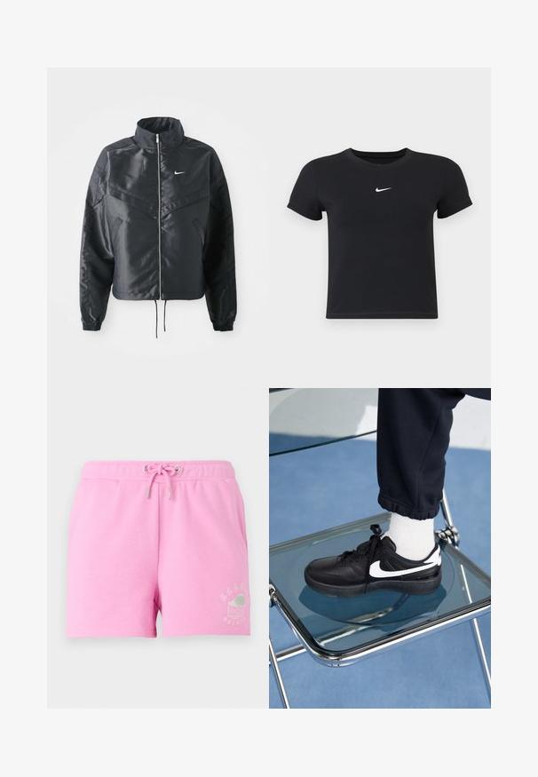 Černá zkrácená bunda s vysokým límcem, zipovým zapínáním, elastickými manžetami a bílým logem Nike. Hladká, lesklá látka s mírně strukturovaným povrchem.; Černé tričko s krátkým rukávem vyrobené z bavlny s kulatým výstřihem. Na hrudi se nachází bílé logo Nike, minimalistický design a přiléhavý střih.; Růžové bavlněné kraťasy s elastickým pasem a šňůrkou, na spodní straně s bílou potiskem gelato poháru.; Černé tenisky Nike s bílými akcenty, s hladkou koženou texturou, šněrovacím designem a zaoblenou špičkou, umístěné na skleněné židli.